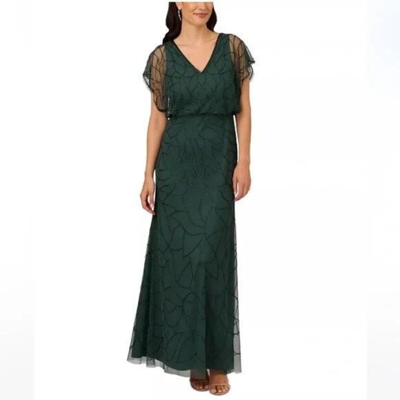 Adrianna Papell Emerald Green Beaded Blouson Sleeve Evening Gown Maxi Dress - Picture 1 of 12